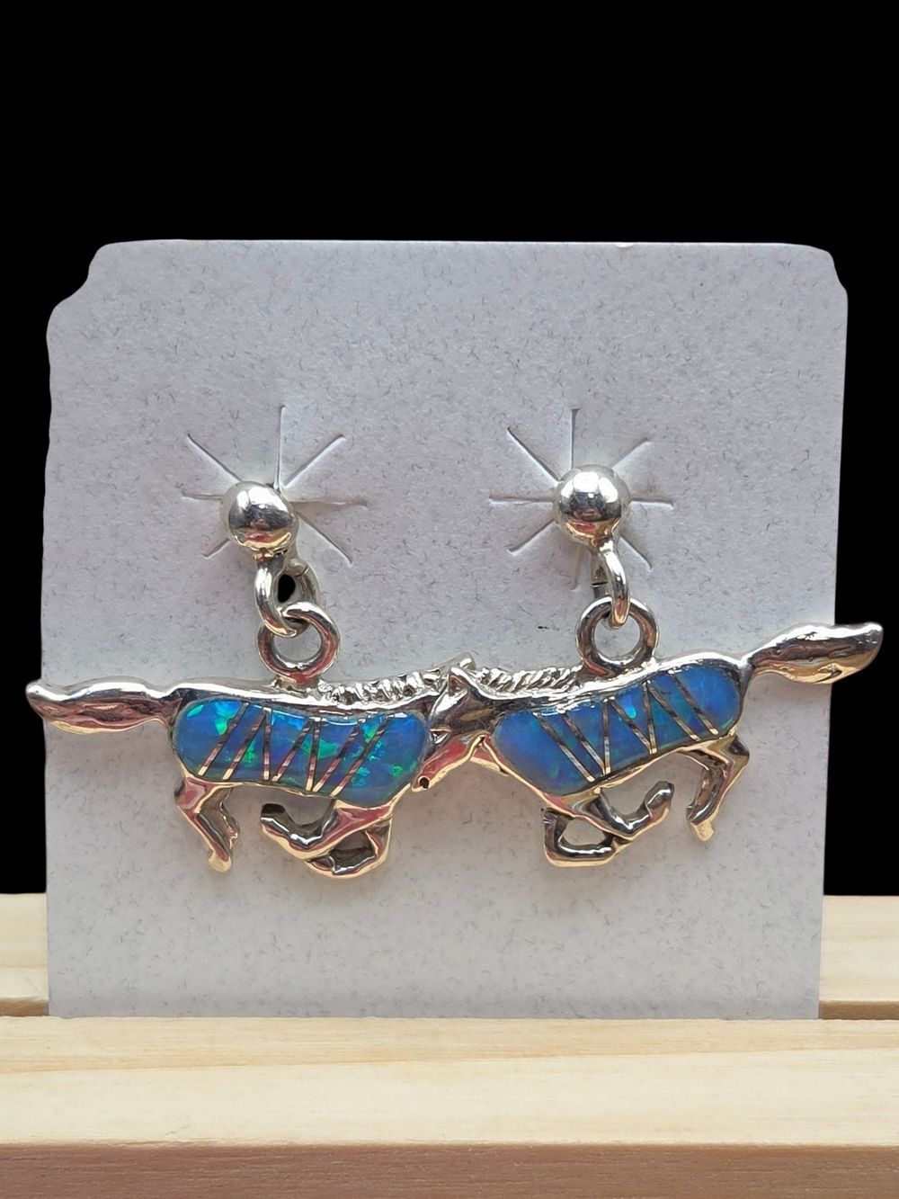 925 Sterling Silver Blue Opal Inlay Running Horse Drop Earrings Signed WR